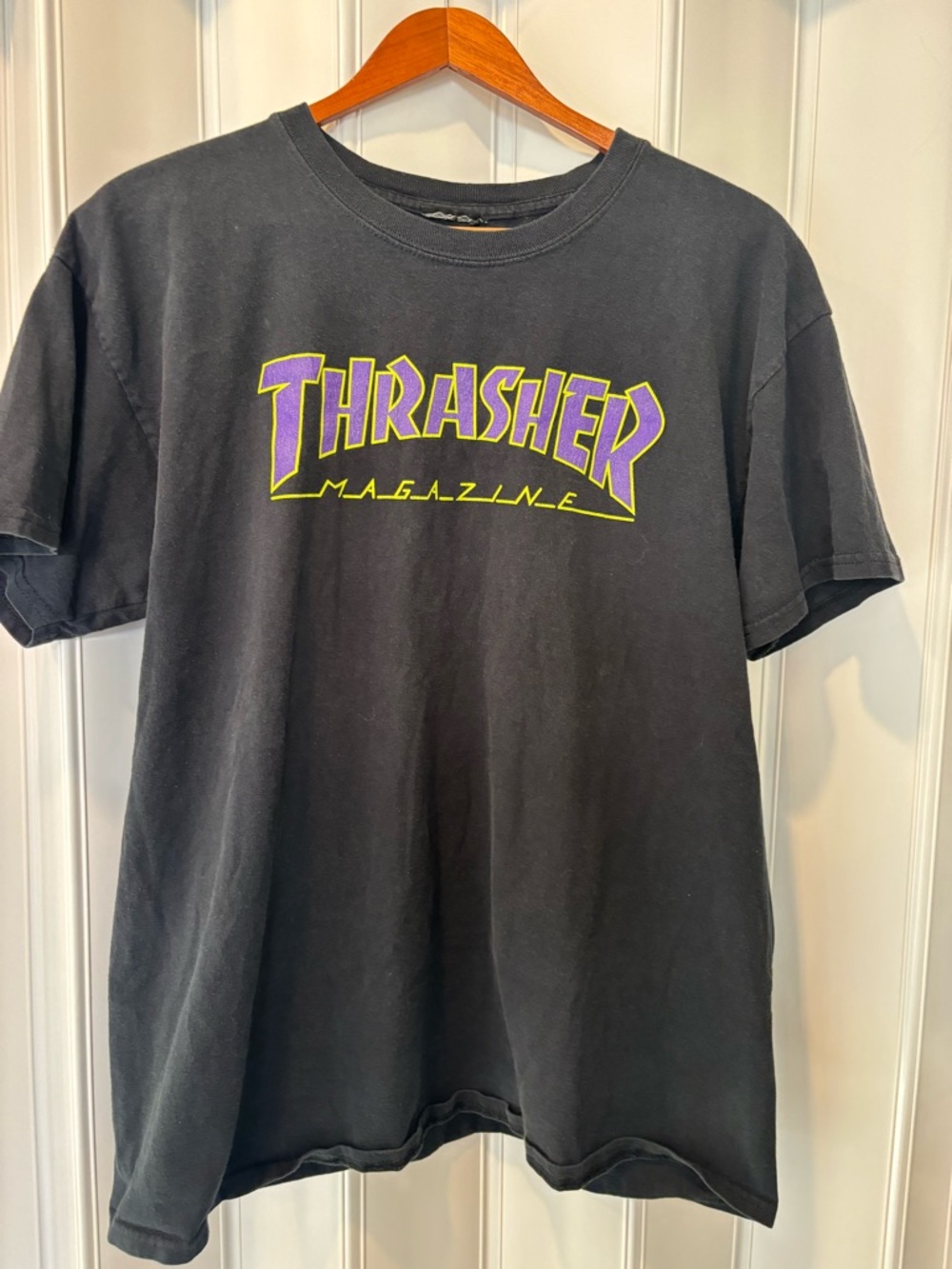 Thrasher Black Graphic Tee with Purple & Yellow Logo - Men Size Medium